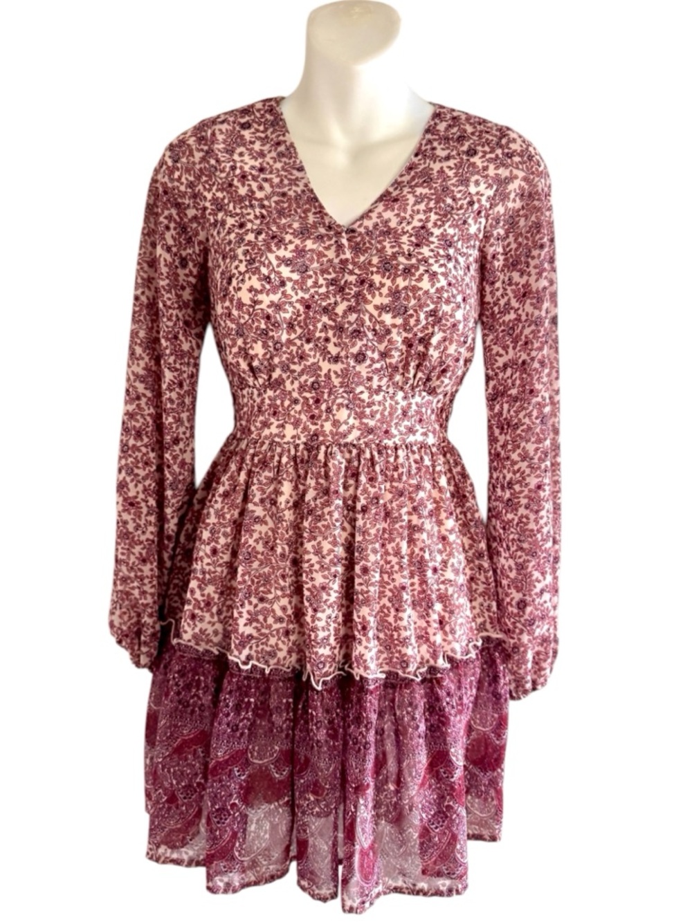 Japna Dusty Rose Floral Tiered Long-Sleeve Mini Dress